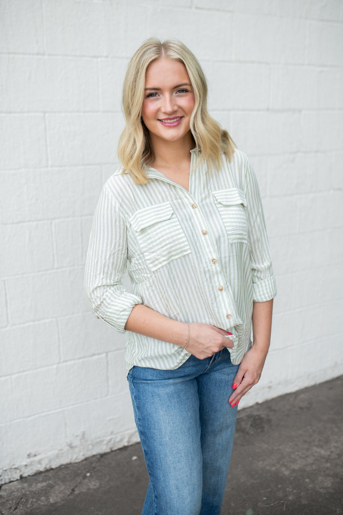 Stripe Collared Button Down Shirt Light Olive