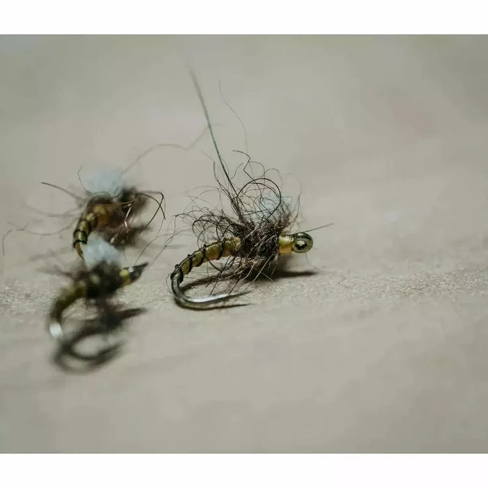 Tied nymph flies using bronze curved TMC2488 hooks with dark thread body