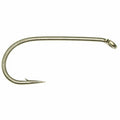 Close-up of Umpqua U002 silver dry fly hook with down eye and micro barb