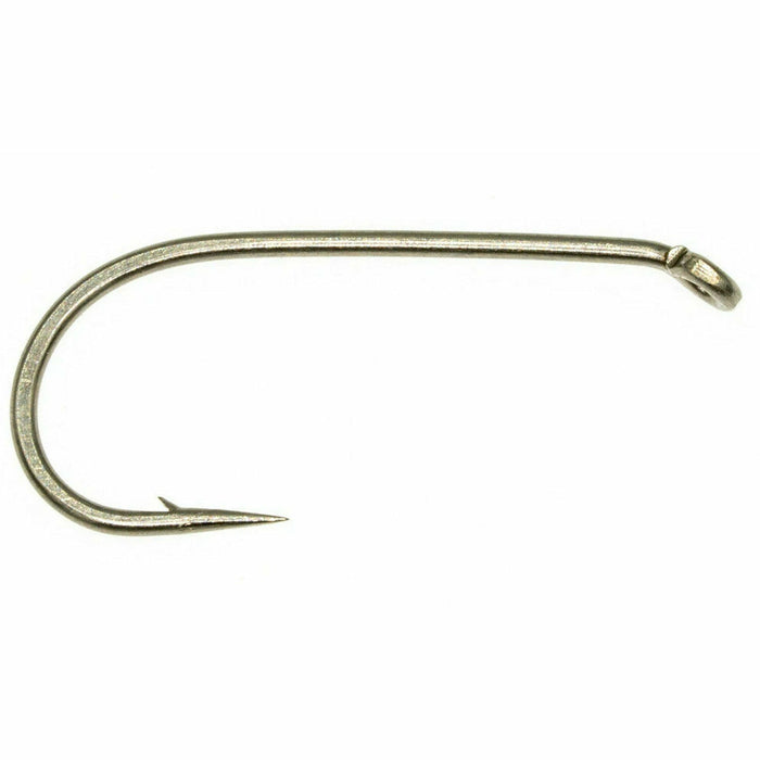 Close-up of Umpqua U002 silver dry fly hook with down eye and micro barb