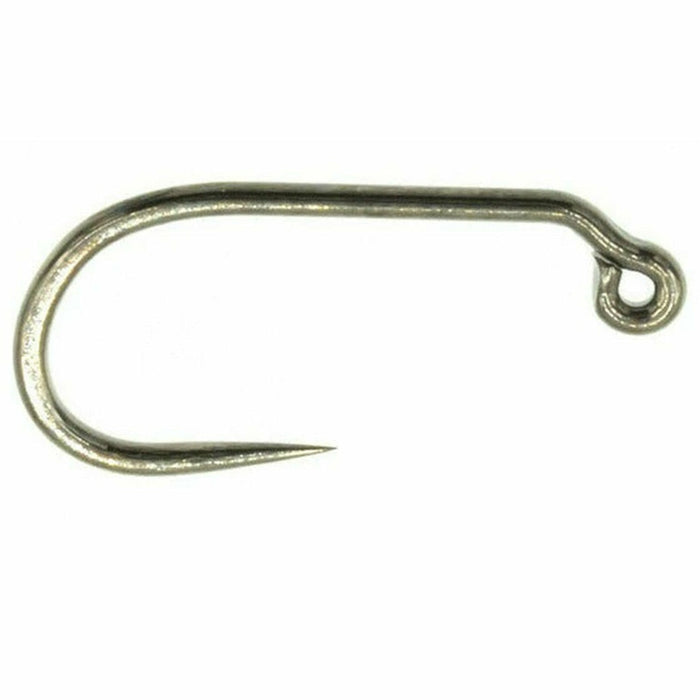 Close-up of Umpqua XC400BN5X barbless jig hook with 60-degree eye and wide gape