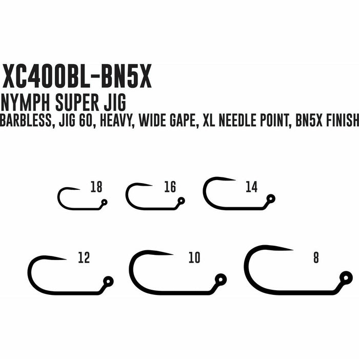 Umpqua XC400BL-BN fly tying hook size chart showing sizes 8 to 18