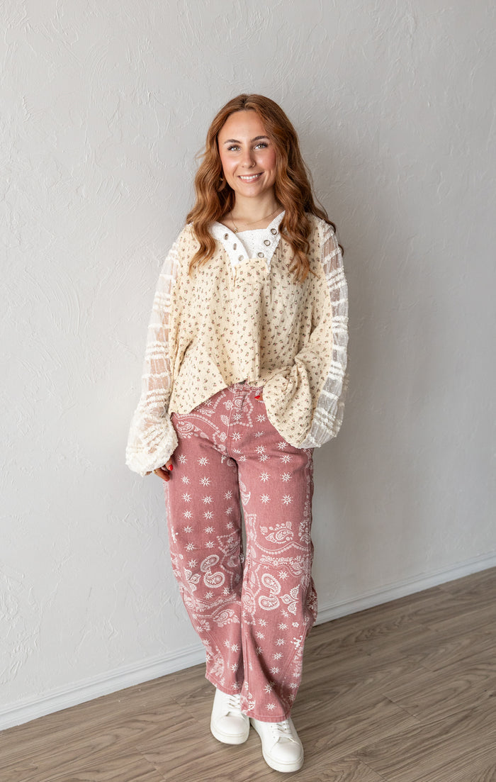 V Neck Balloon Sleeve Floral Lace Top