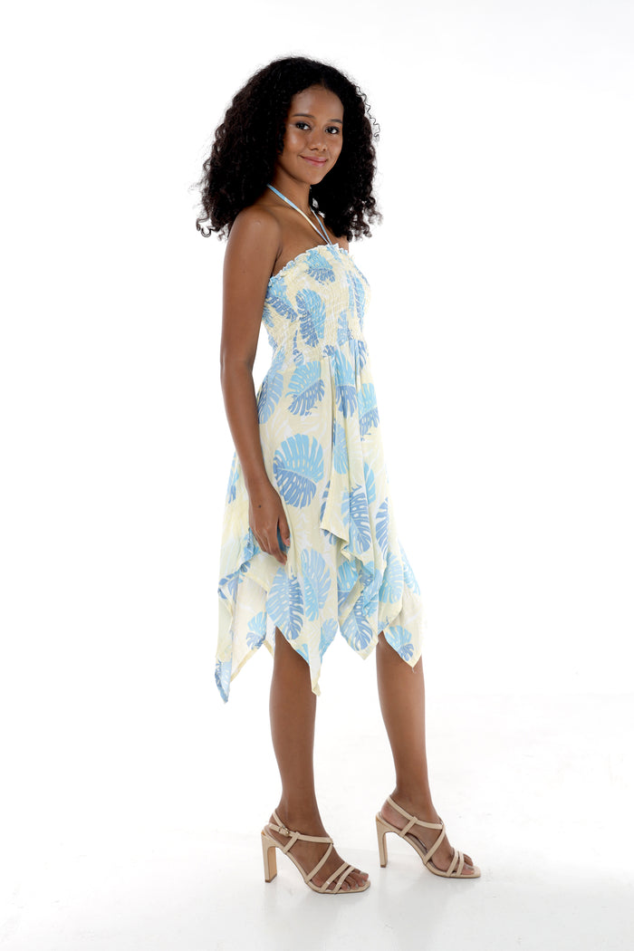 Women's Fairy Uneven Bottom Luau Dress in Pacific Palm Leaves Cream