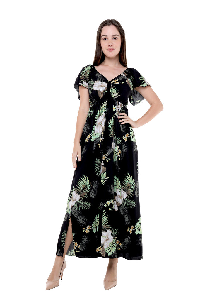 Women's Maxi Ruffle Sleeve Dress in Pineapple Garden Black