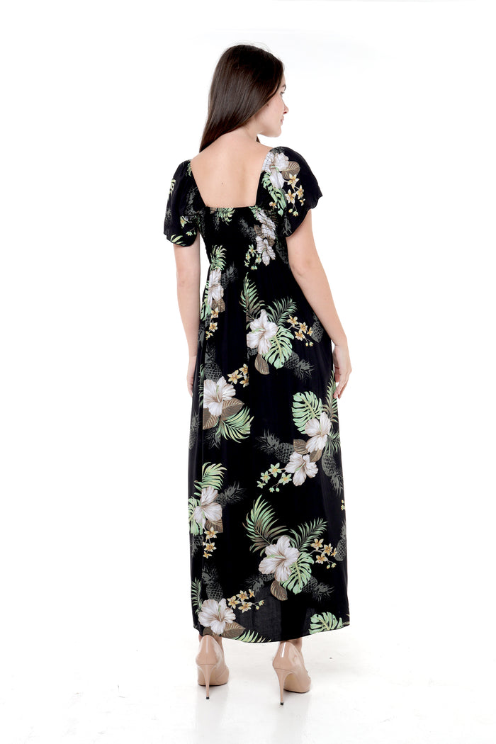 Women's Maxi Ruffle Sleeve Dress in Pineapple Garden Black