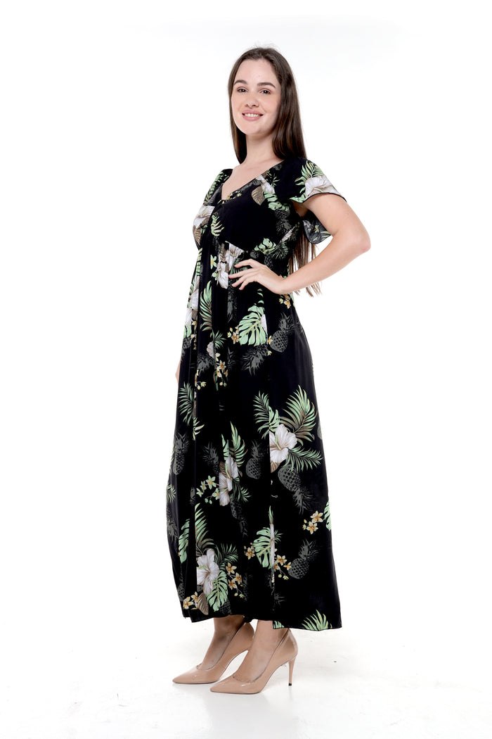Women's Maxi Ruffle Sleeve Dress in Pineapple Garden Black