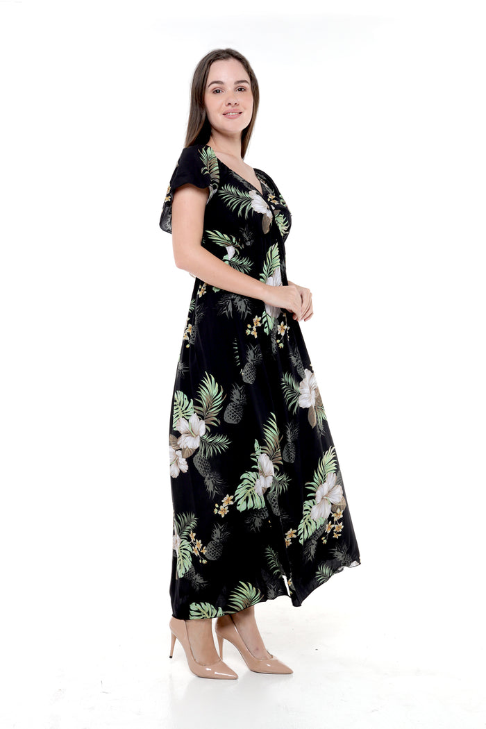 Women's Maxi Ruffle Sleeve Dress in Pineapple Garden Black