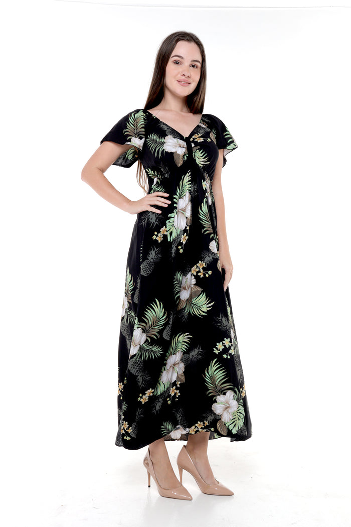 Women's Maxi Ruffle Sleeve Dress in Pineapple Garden Black