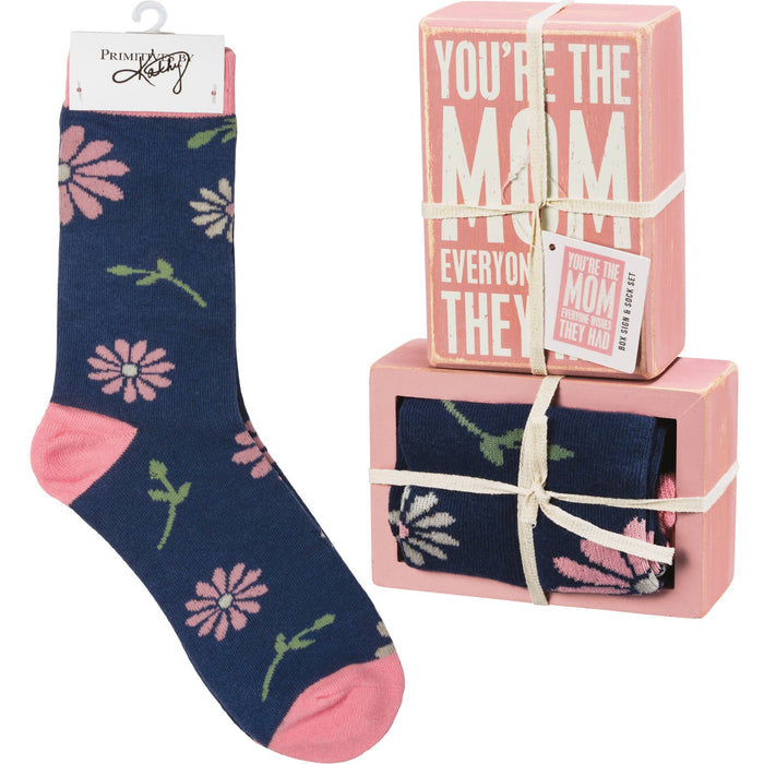 "You're The Mom Everyone Wishes They Had" colorful box sign and floral crew sock gift set by Primitives by Kathy — a sweet ready-to-gift Mother's Day set